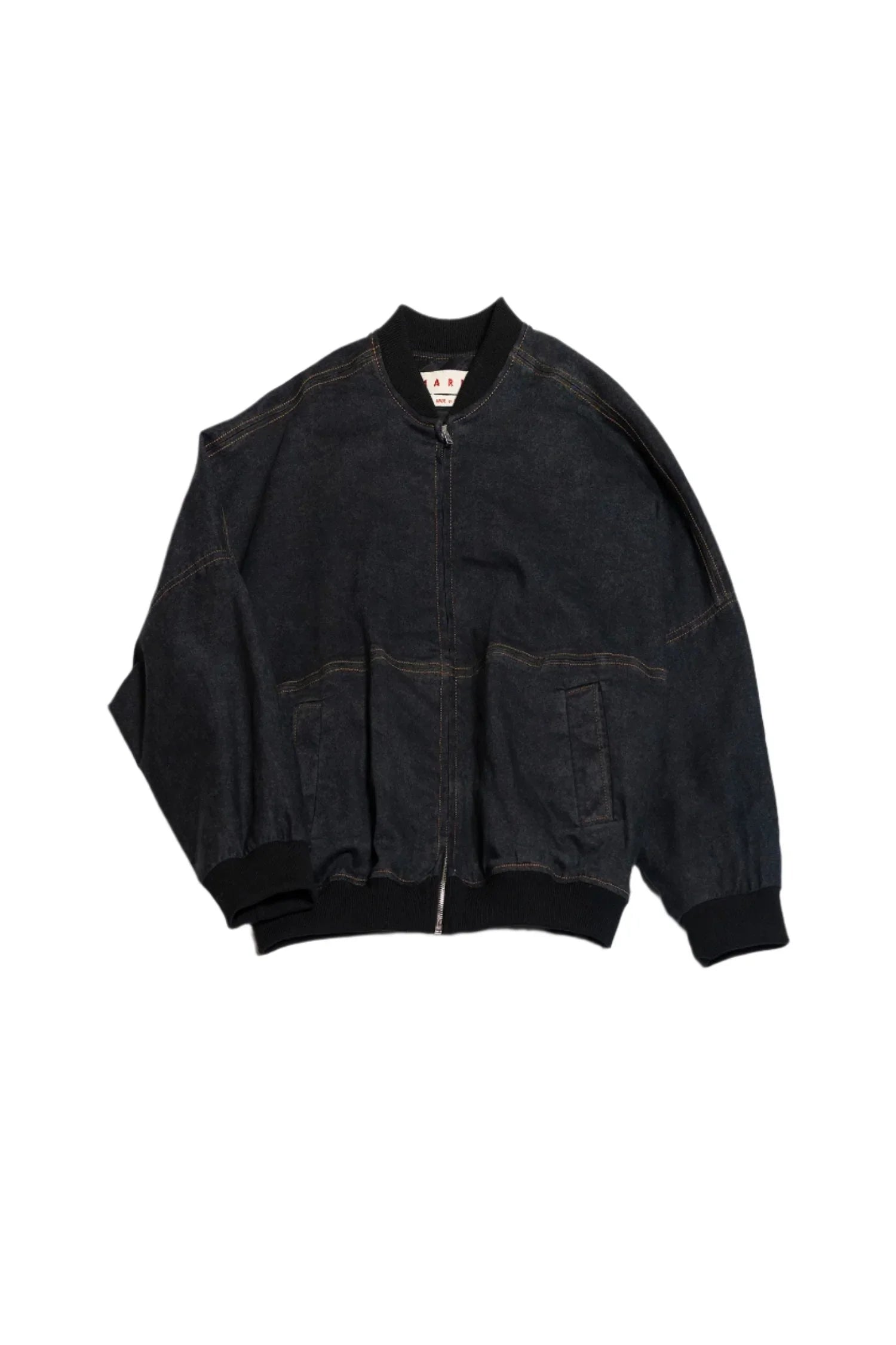 Black denim bomber jacket with ribbed collar, cuffs, and waistband, front zipper and side pockets