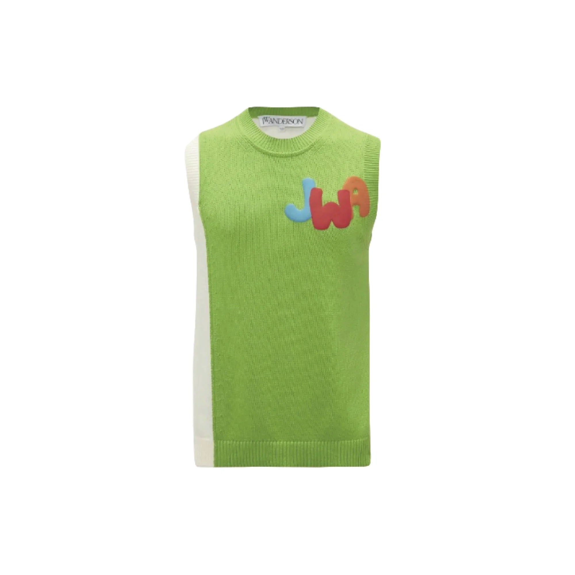 Green sleeveless knit sweater vest with white sides and colorful JWA logo on chest