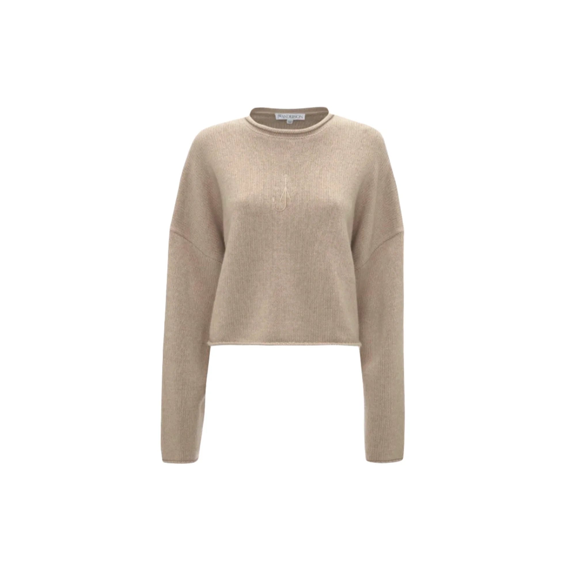 Beige cropped knit sweater with long sleeves and subtle JW Anderson logo embroidery