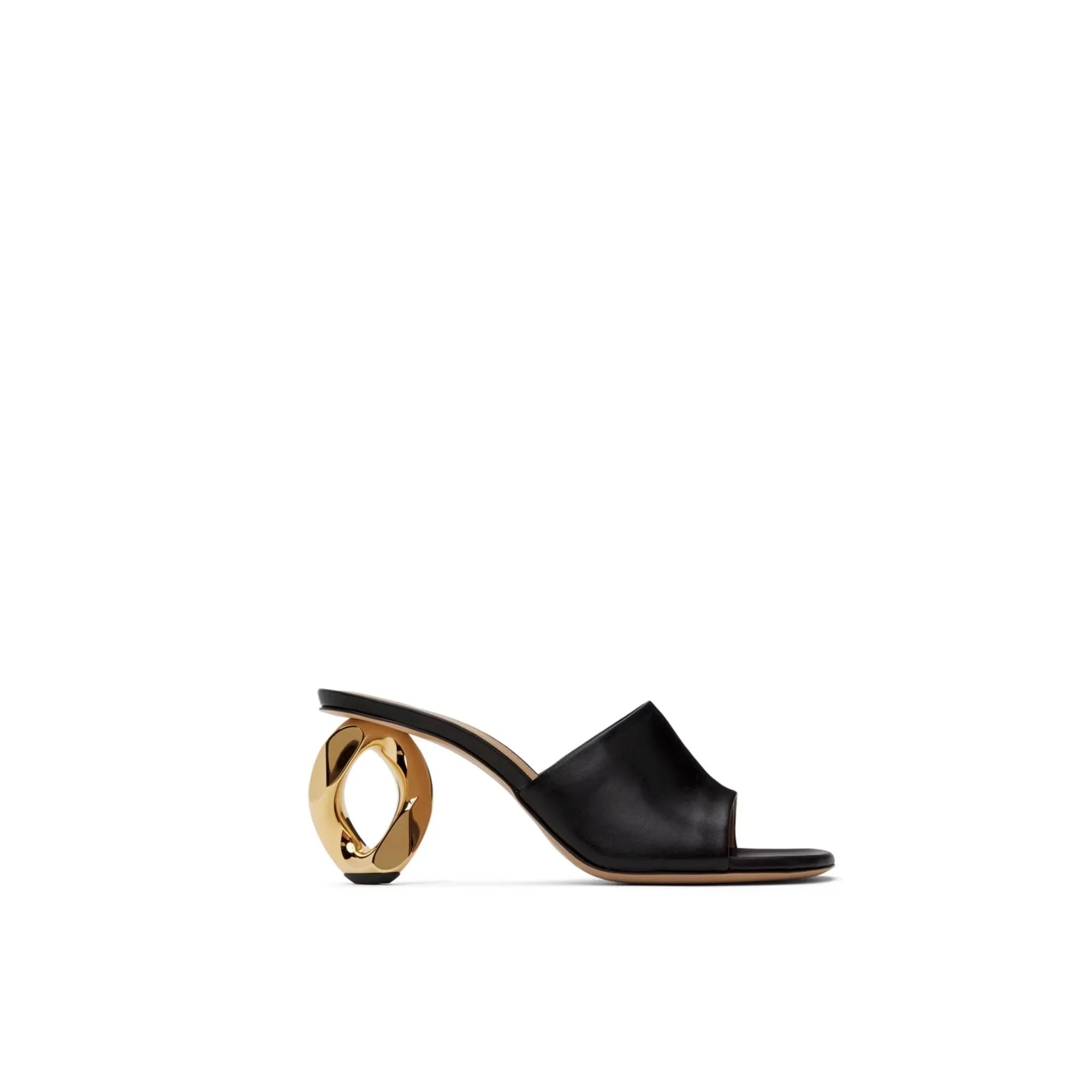 Black leather JW Anderson mule sandal with distinctive gold sculptural chain heel on white background