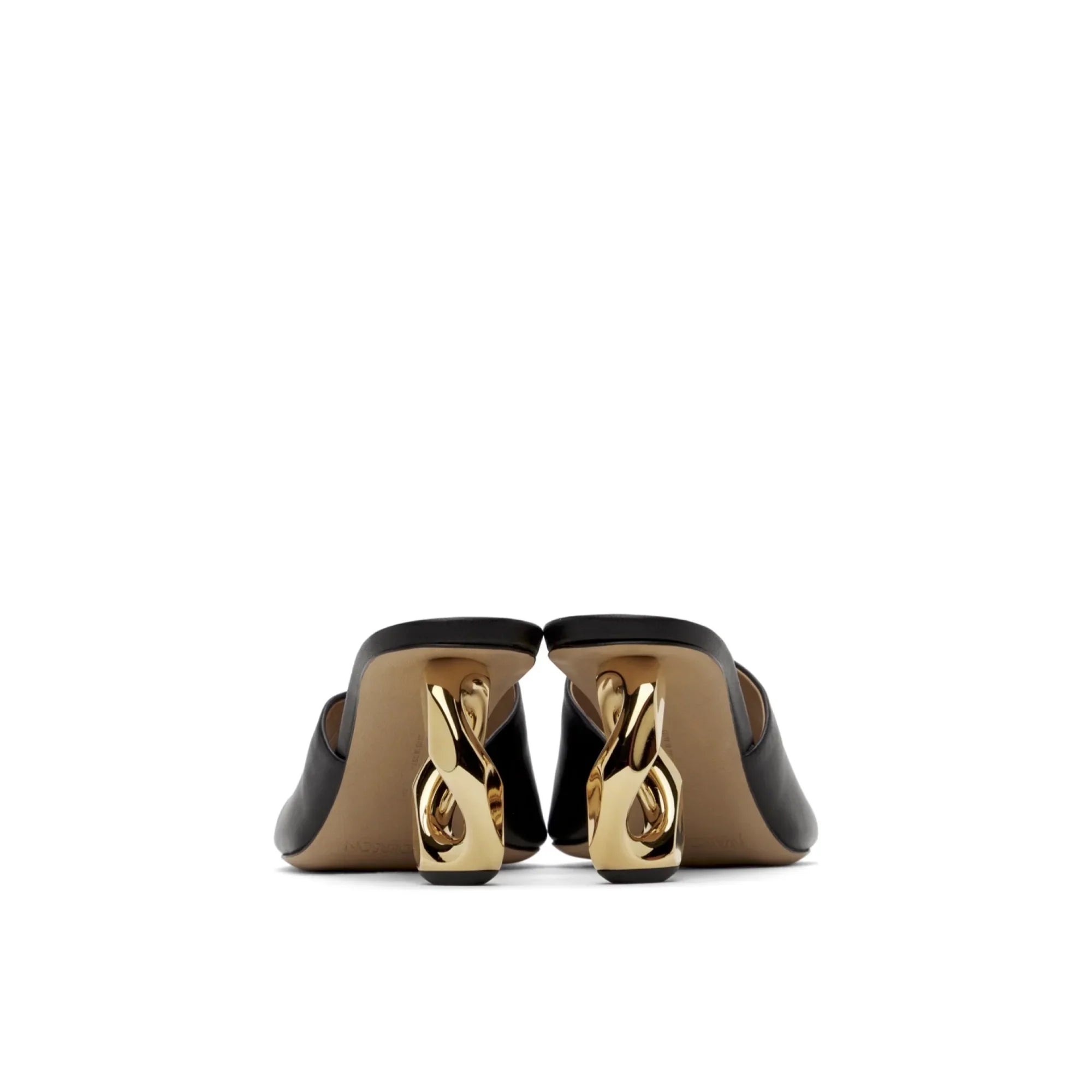 Black leather JW Anderson mules with distinctive gold chain-link block heels, rear view on white background