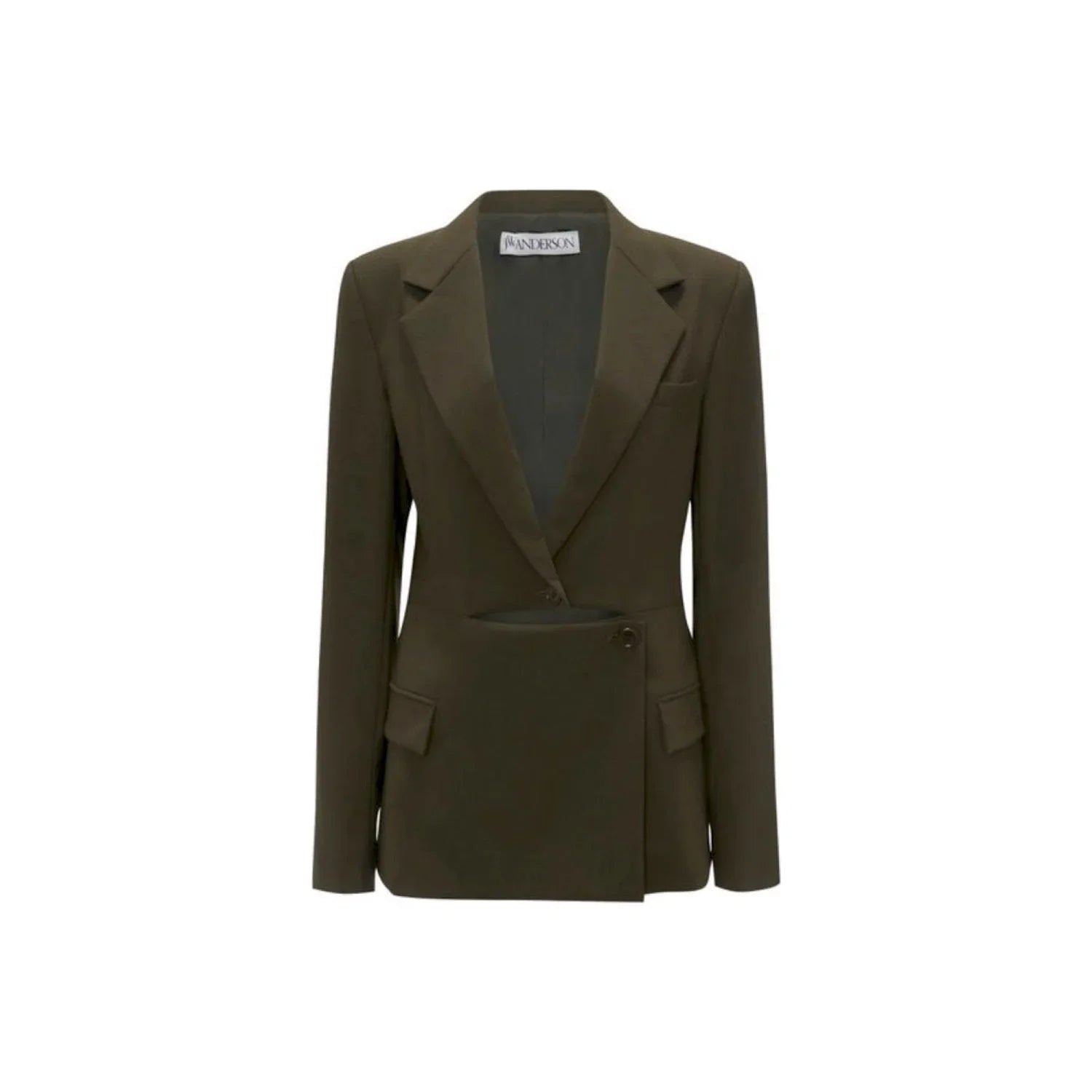 JW Anderson olive green deconstructed blazer with asymmetric front and notched lapels
