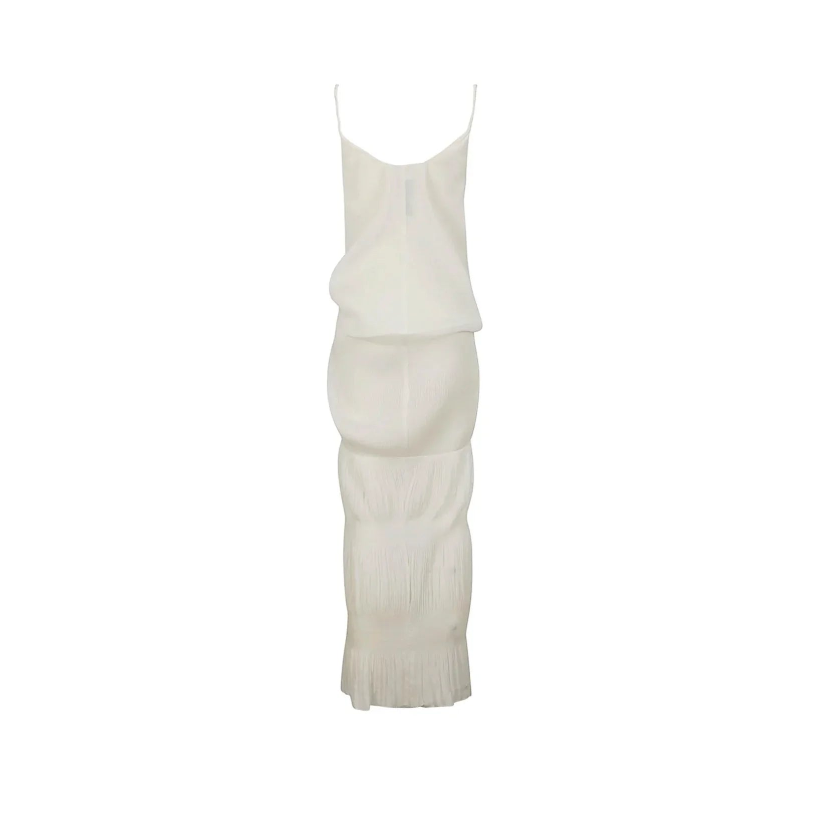 White knot-front long dress with spaghetti straps and tiered pleated skirt
