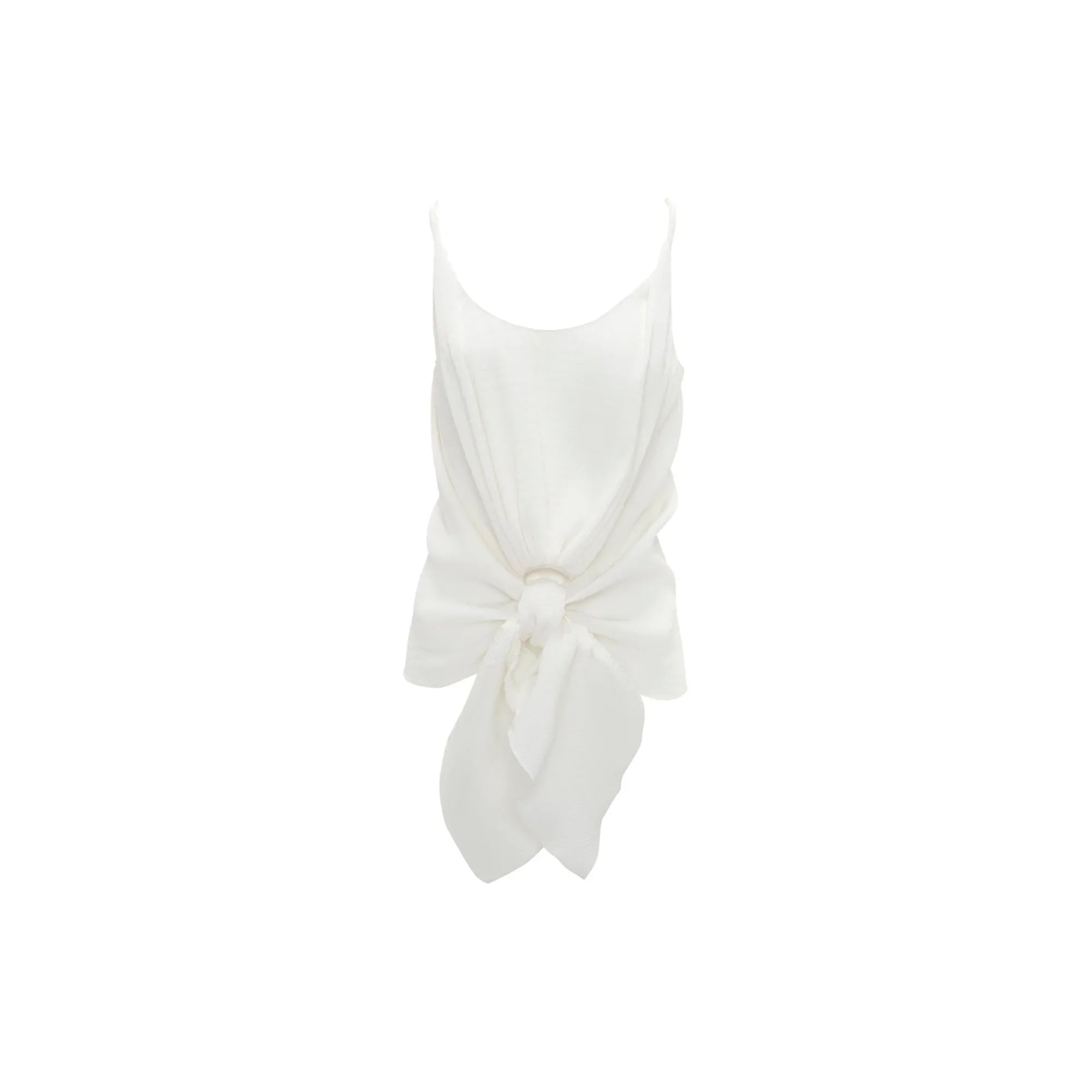 White sleeveless knot front strap top with flowing tie detail on white background