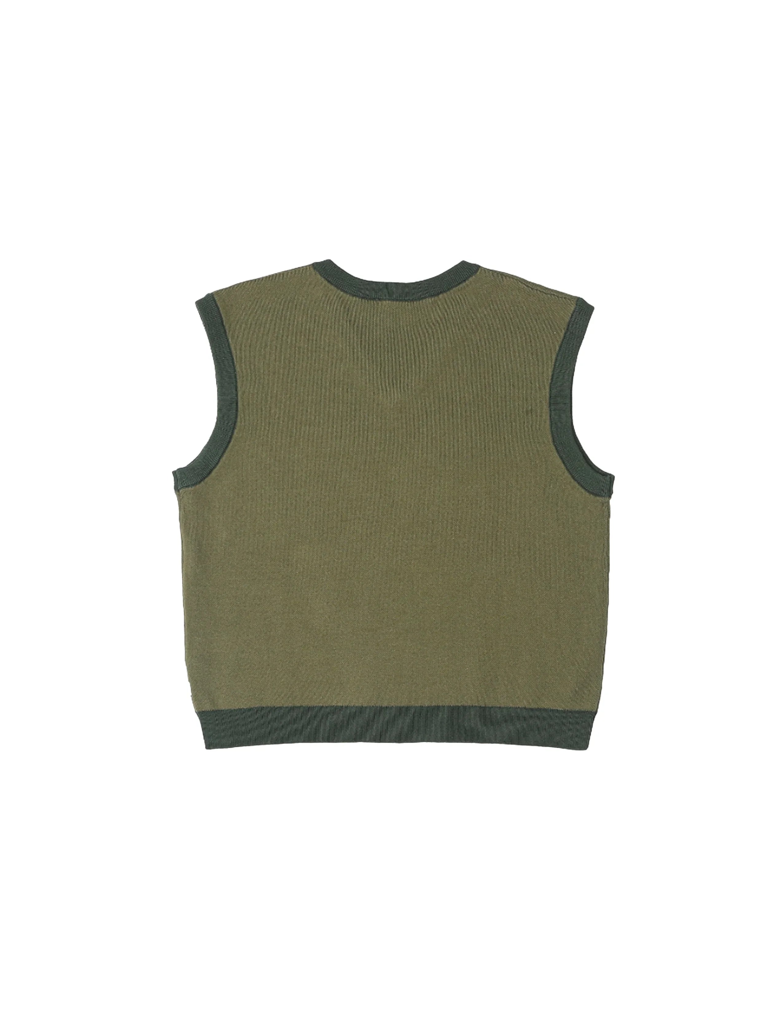 Olive green sleeveless knitted sweater vest with dark green trim on collar, armholes, and hem