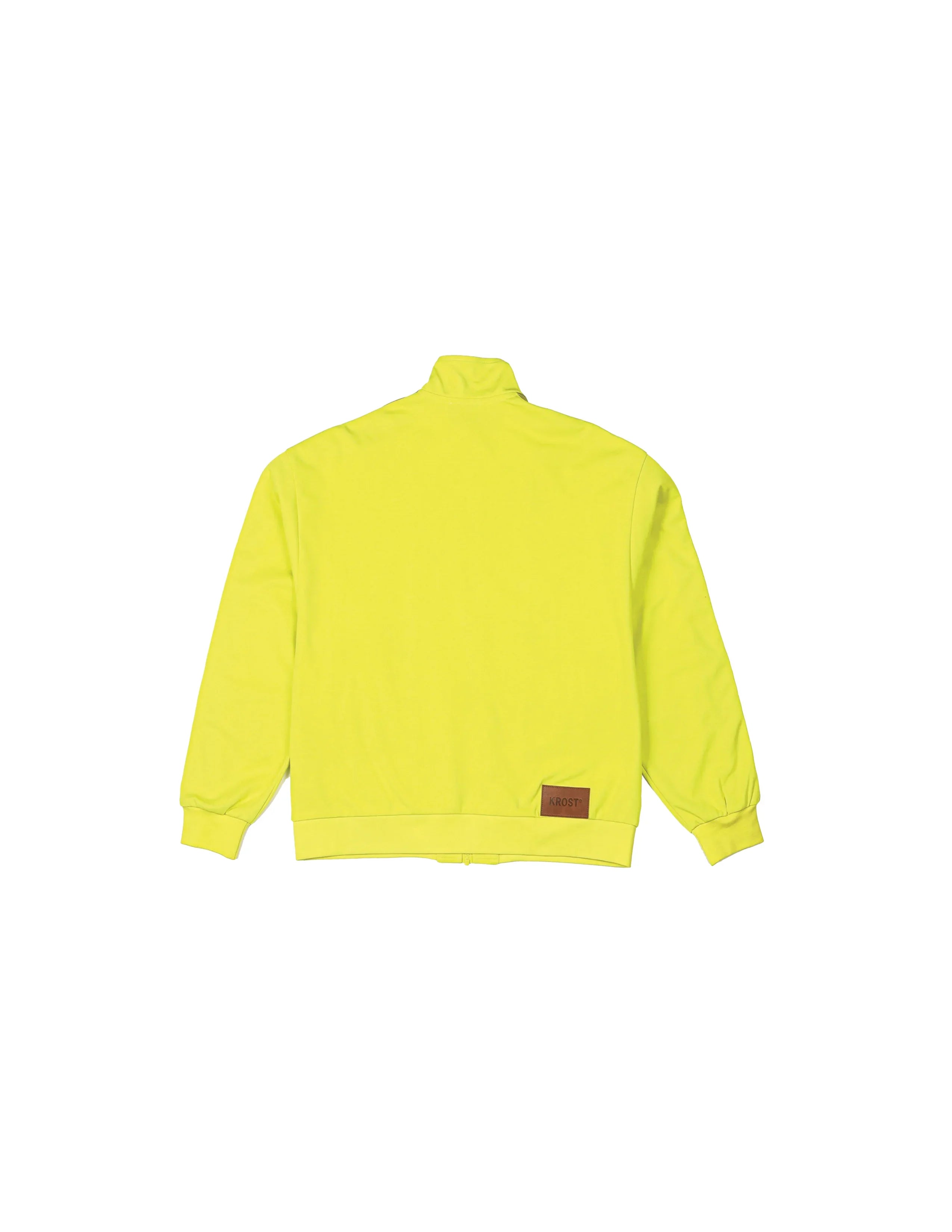 Back view of bright yellow KROST zip-up jacket with high collar and brown logo patch