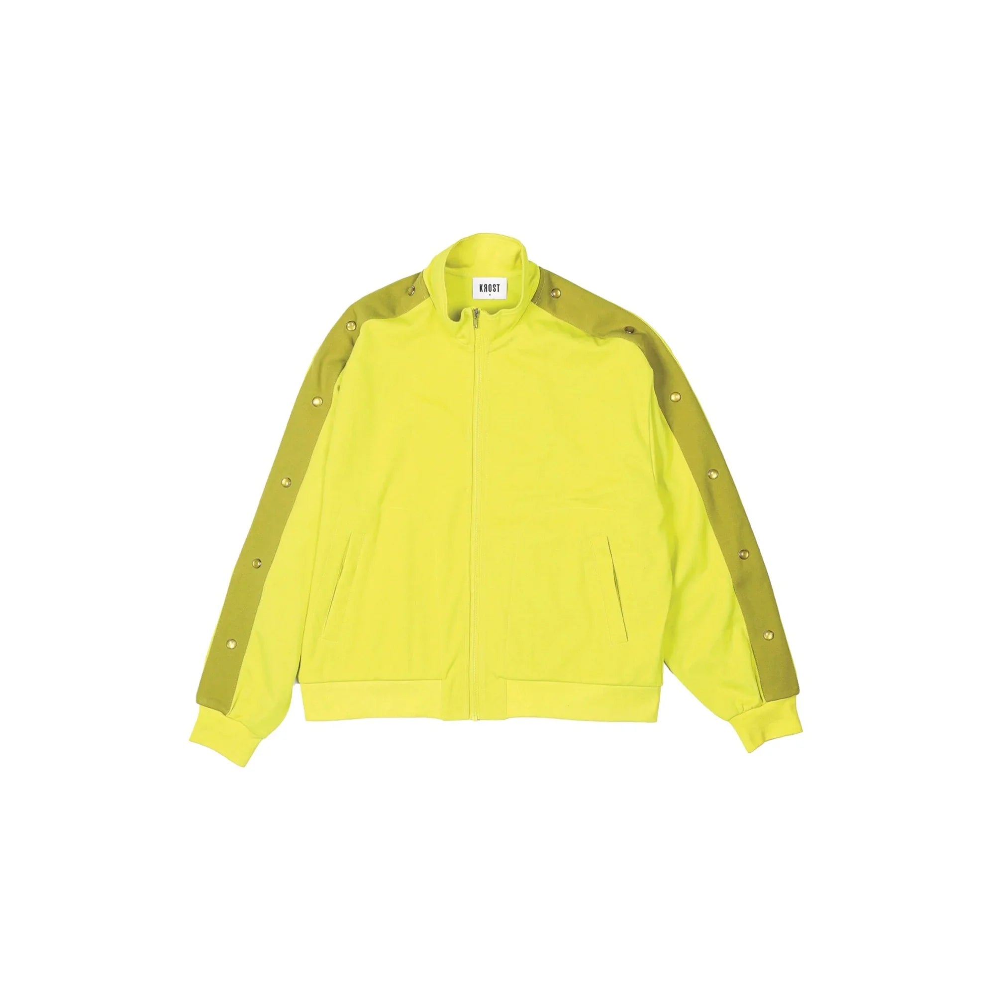 Yellow zip-up jacket with olive green sleeves and snap button details by Krost