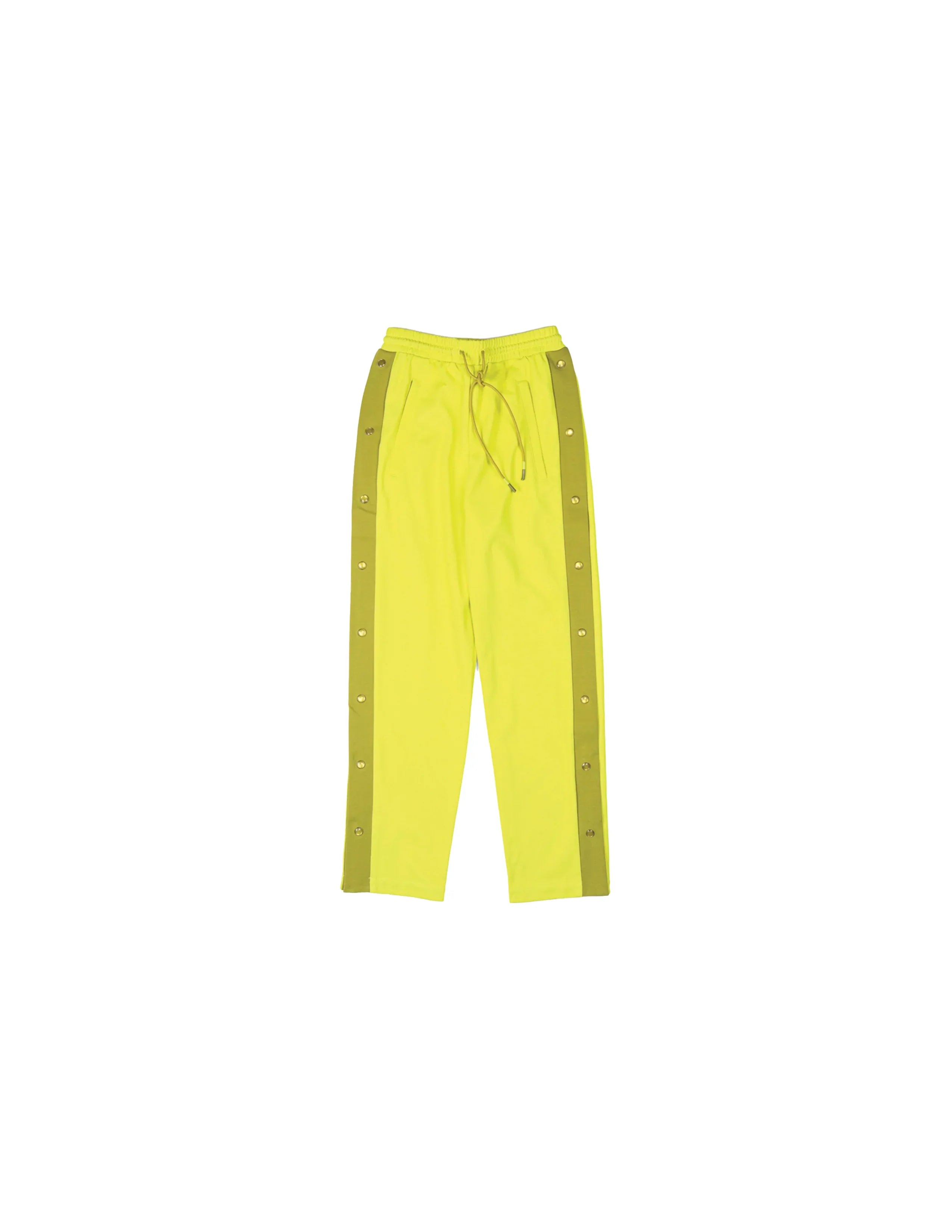 Yellow track pants with olive green side stripes and snap buttons, elastic waist with drawstring