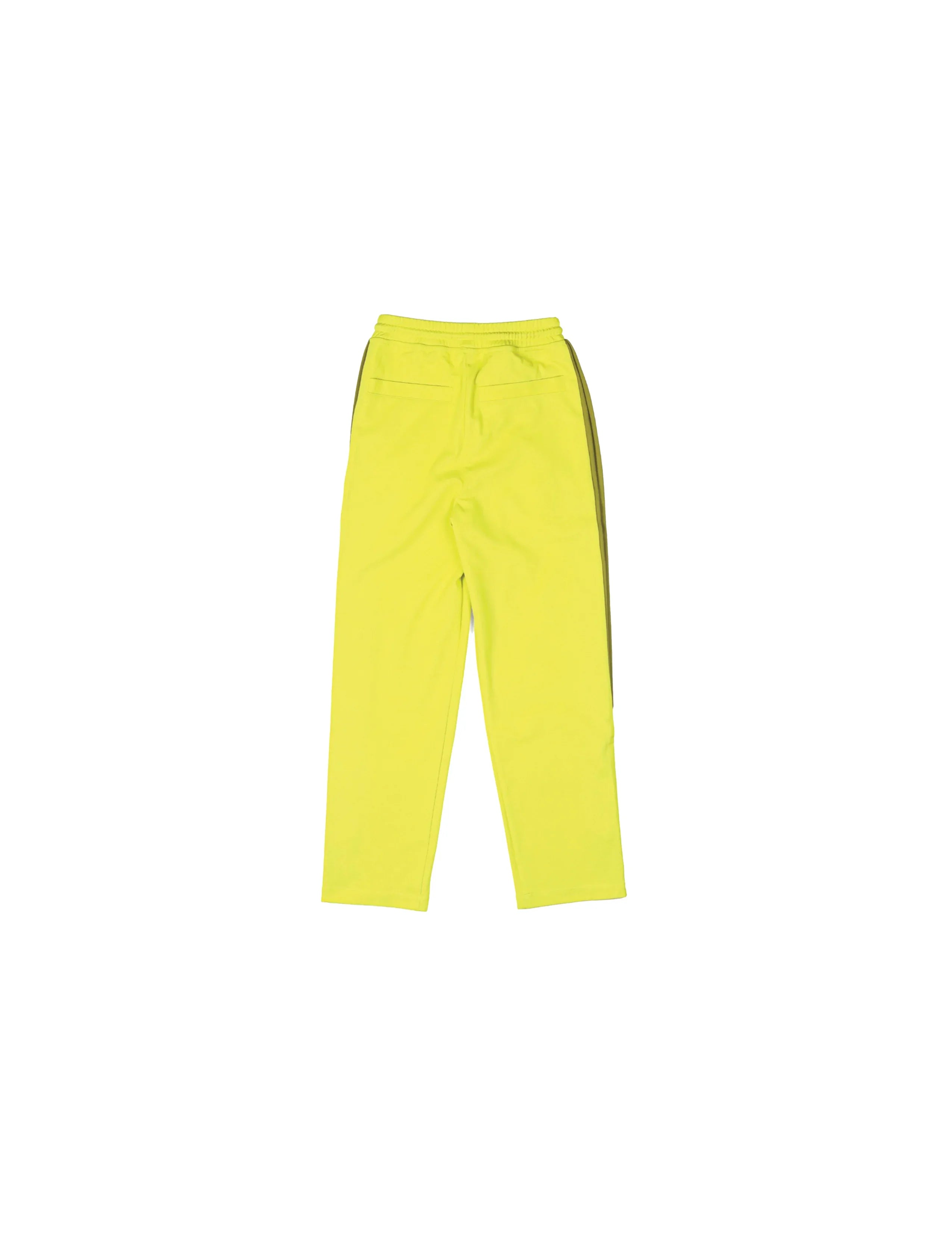 Bright yellow casual pants with elastic waistband and back pockets on white background
