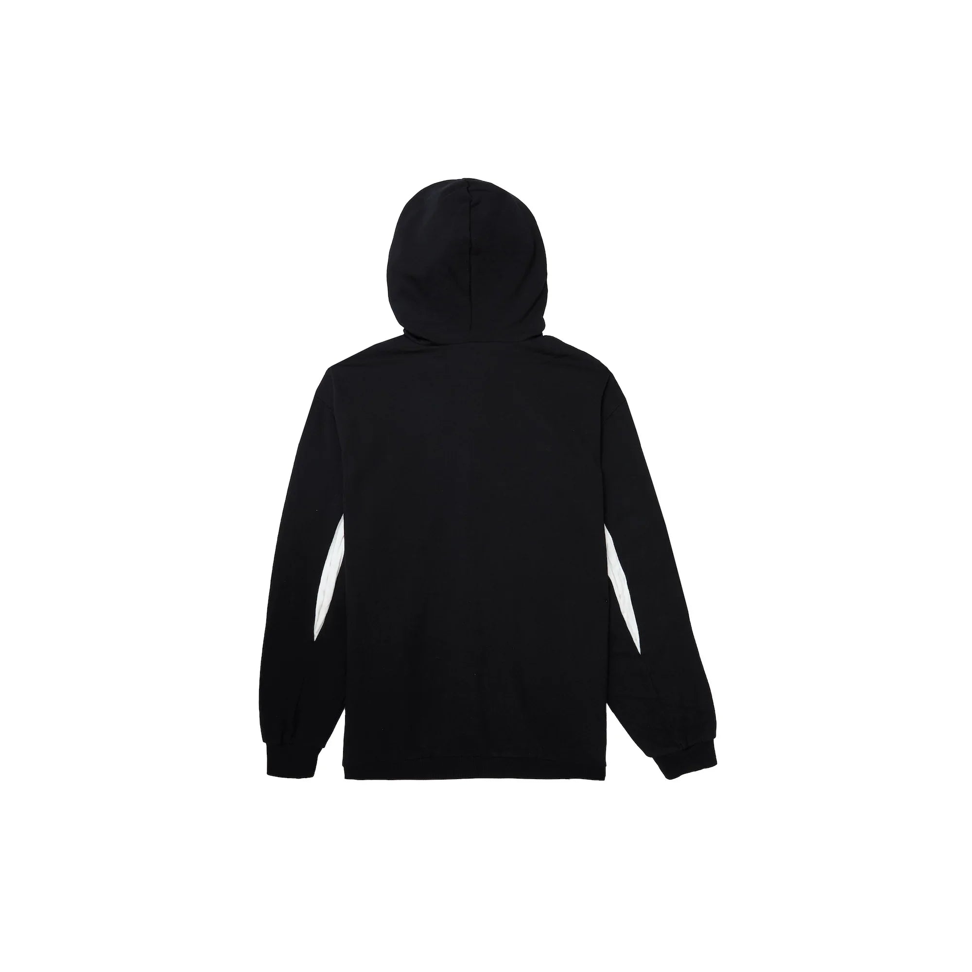 Black hoodie with white diagonal stripes on sleeves, minimalist back view on white background