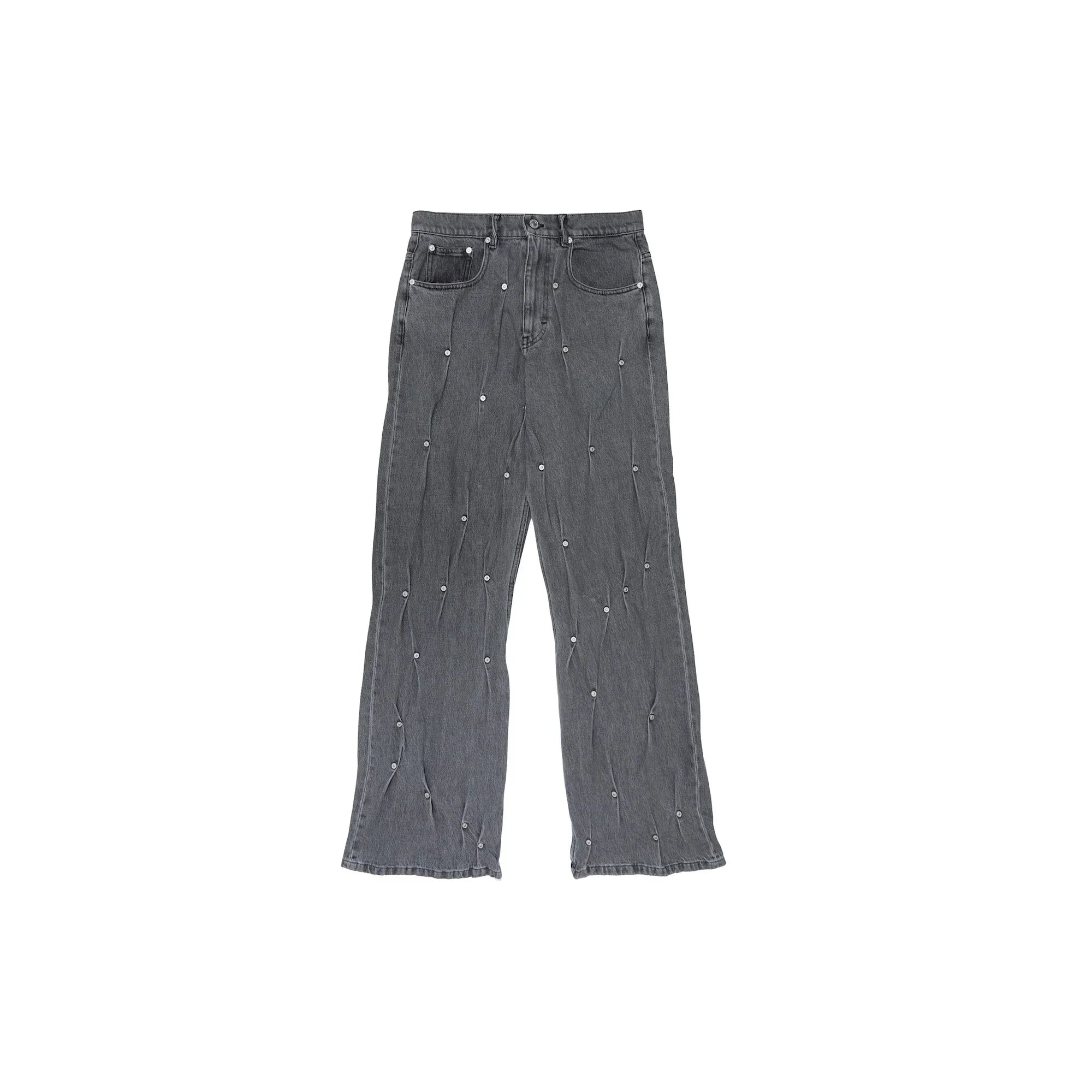 gray high-waisted wide-leg jeans with silver studs and button closure