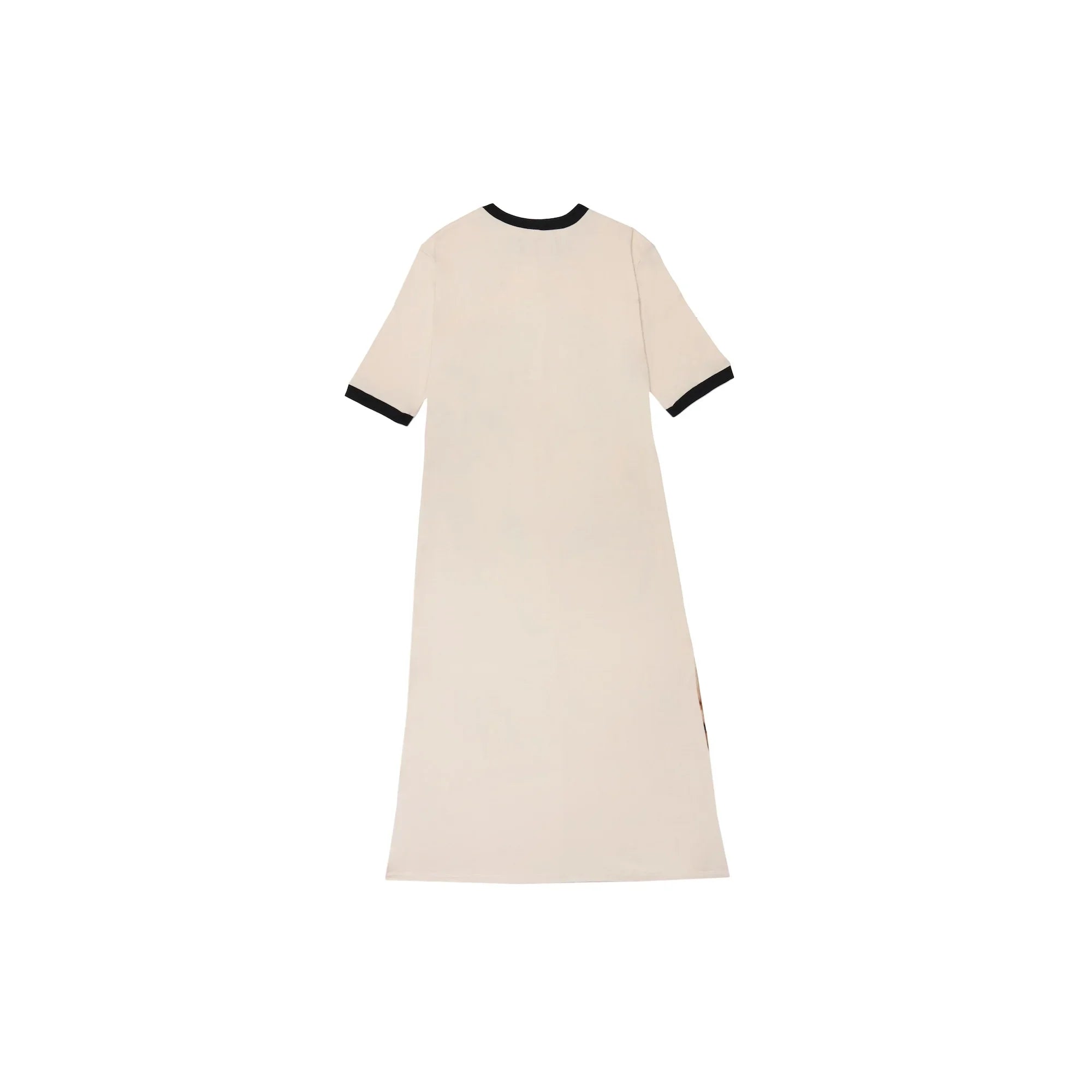 Back view of beige midi dress with black trim on collar and short sleeves on white background