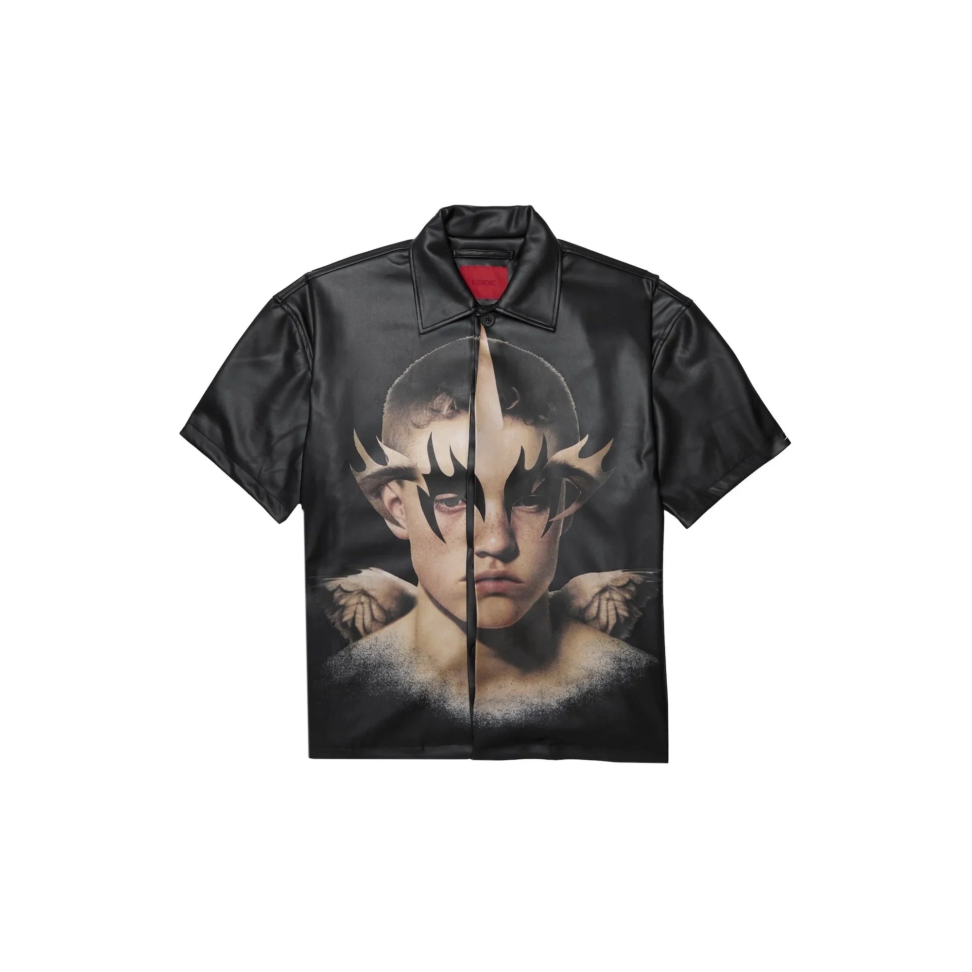 Black short-sleeve button-up shirt with a graphic of a boy's face and artistic wing design on front