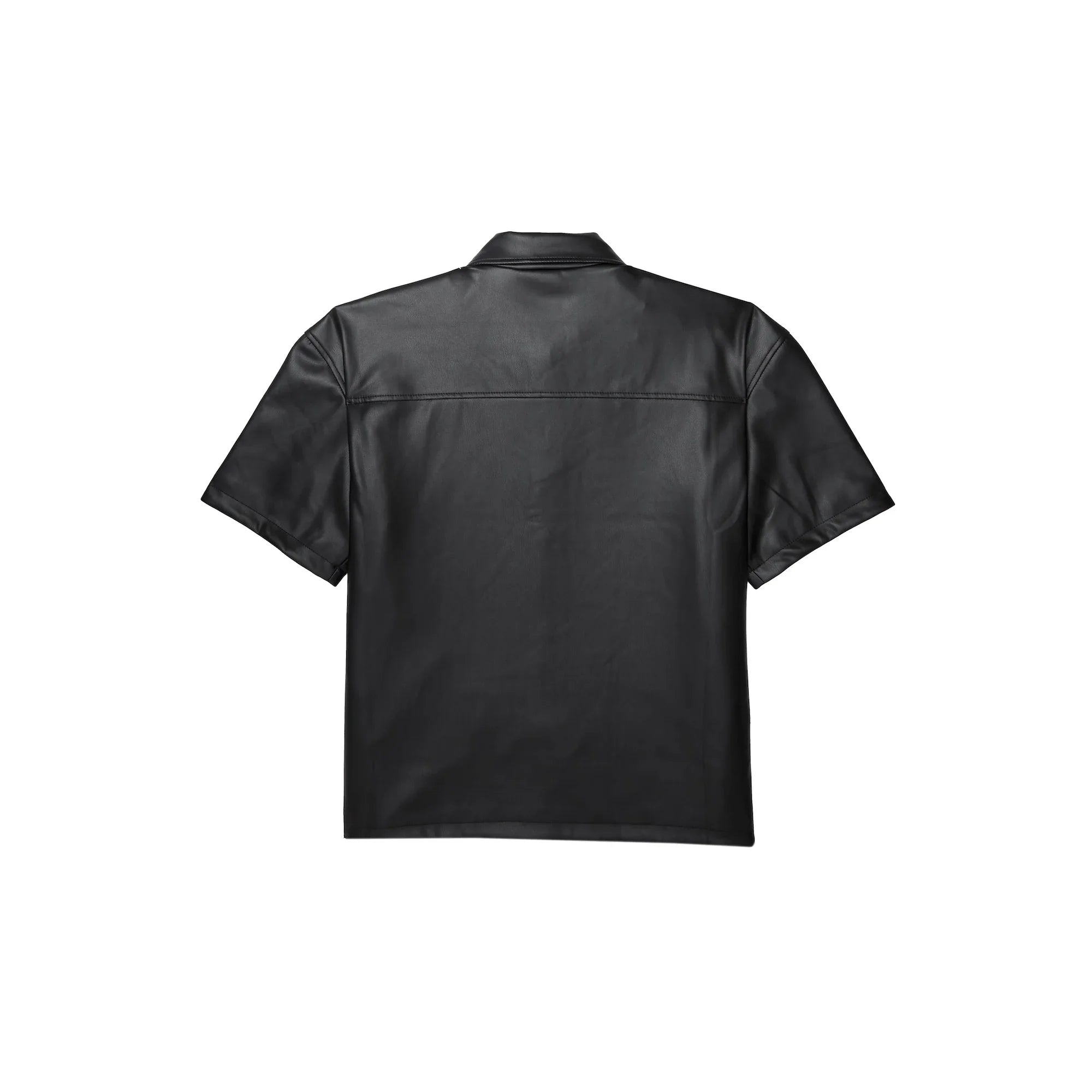 Back view of a black short-sleeve leather shirt with a collar on a white background