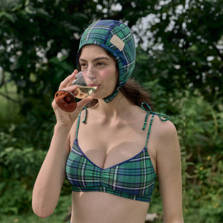 Retro Aviator Swim Cap Preppy Check Green