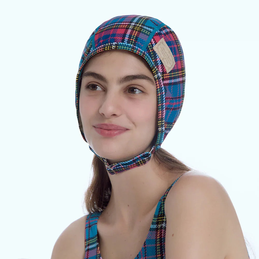 LOOPLOOP Retro Aviator Swim Cap Preppy Check Blue