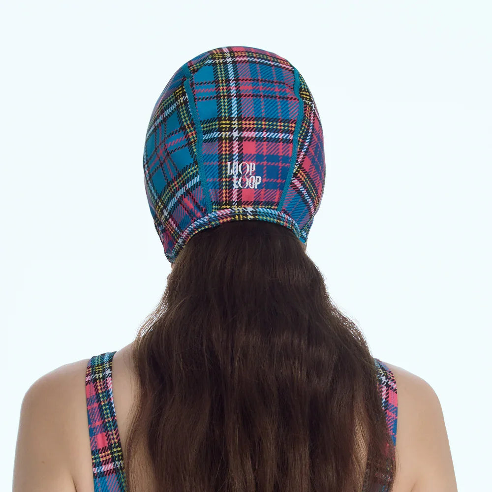 LOOPLOOP Retro Aviator Swim Cap Preppy Check Blue-2
