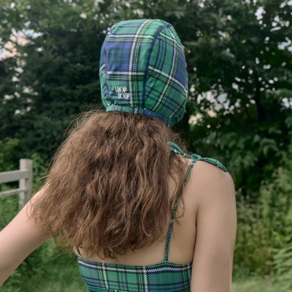 LOOPLOOP Retro Aviator Swim Cap Preppy Check Green-2