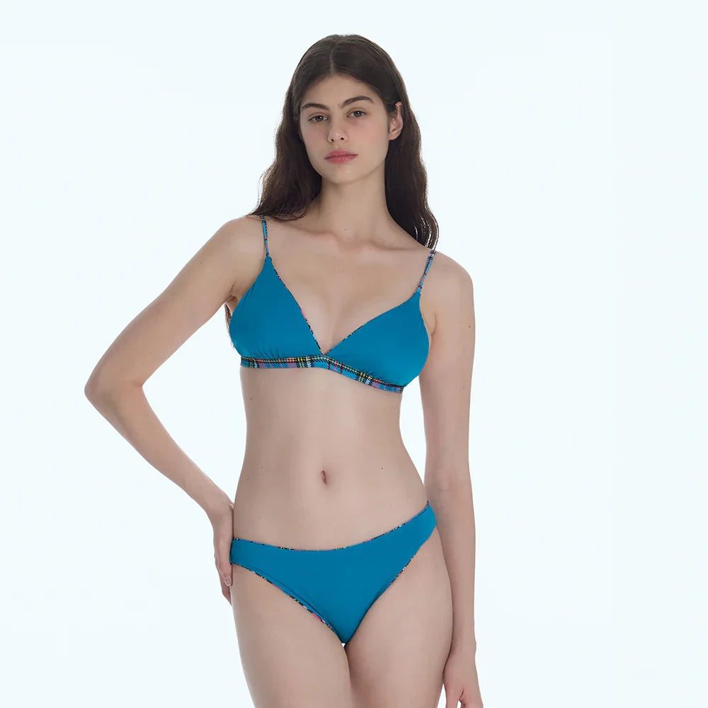 LOOPLOOP Triangle Reversible Bikini Top Preppy Check Blue-2