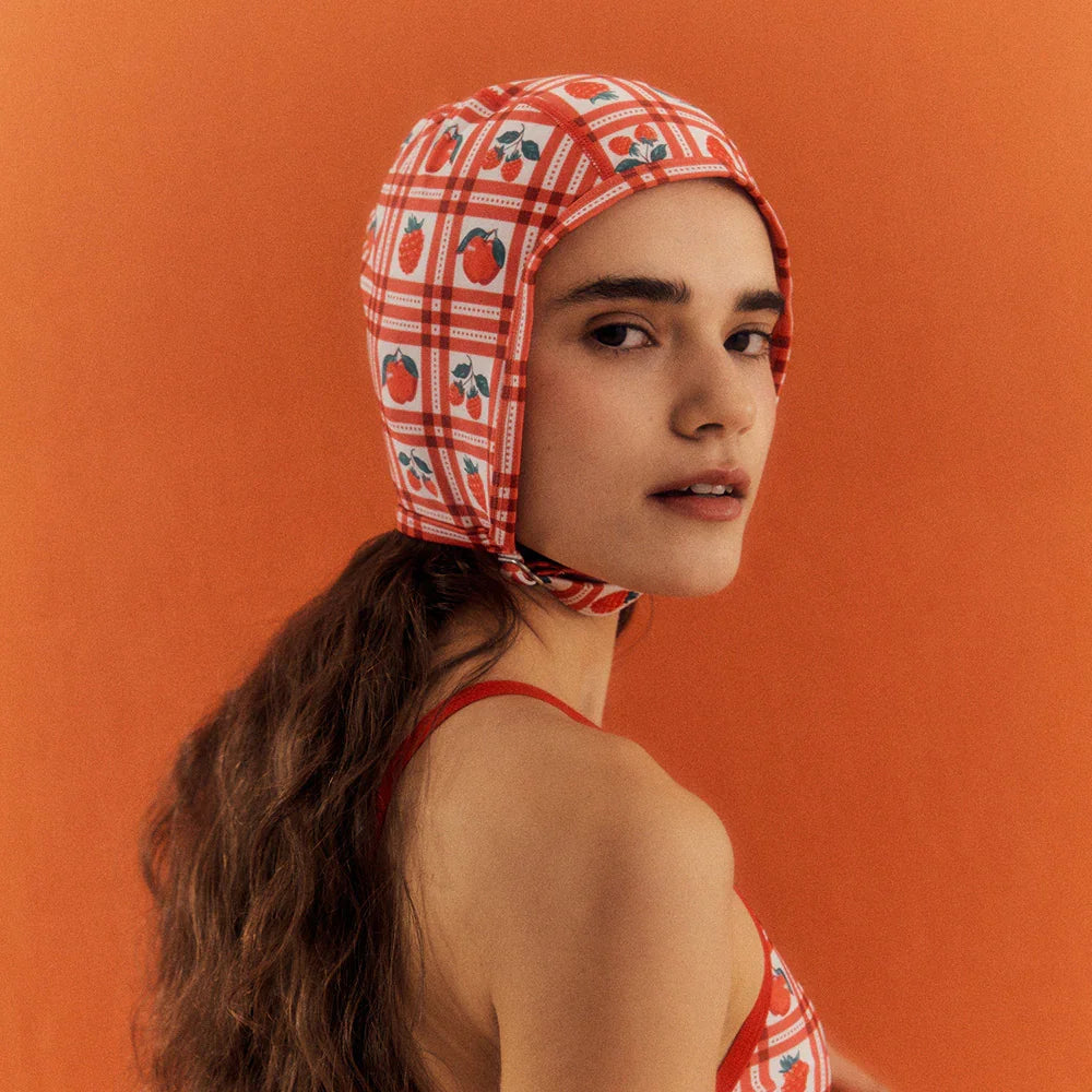 LOOPLOOP Retro Aviator Swim Cap Strawberry Table Red-2