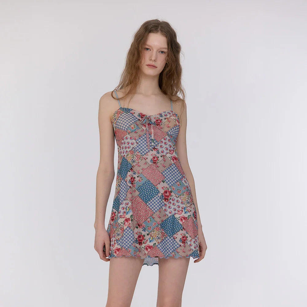 LOOPLOOP Mesh Beach Dress Bohemian Patchwork Sky Blue-2
