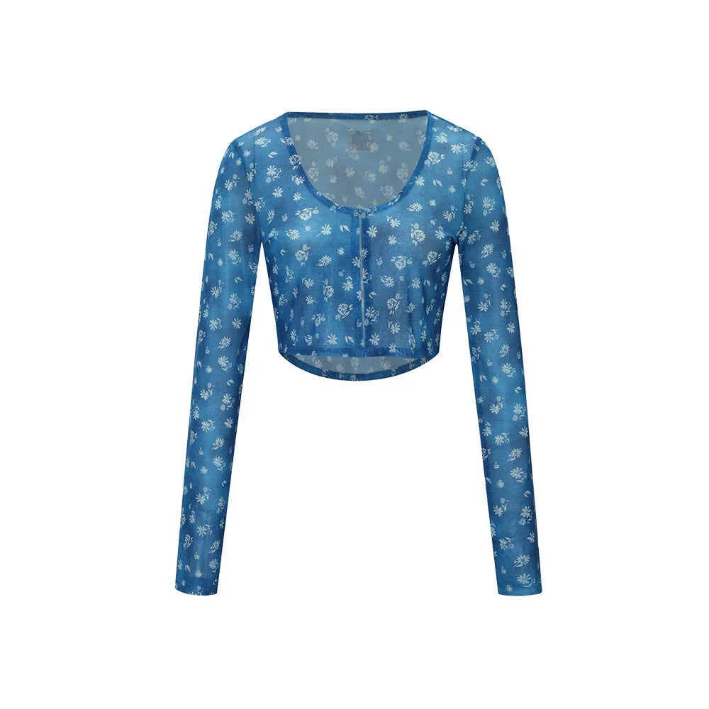 LOOPLOOP Mesh Cover Up Cardigan Floral Denim Dress