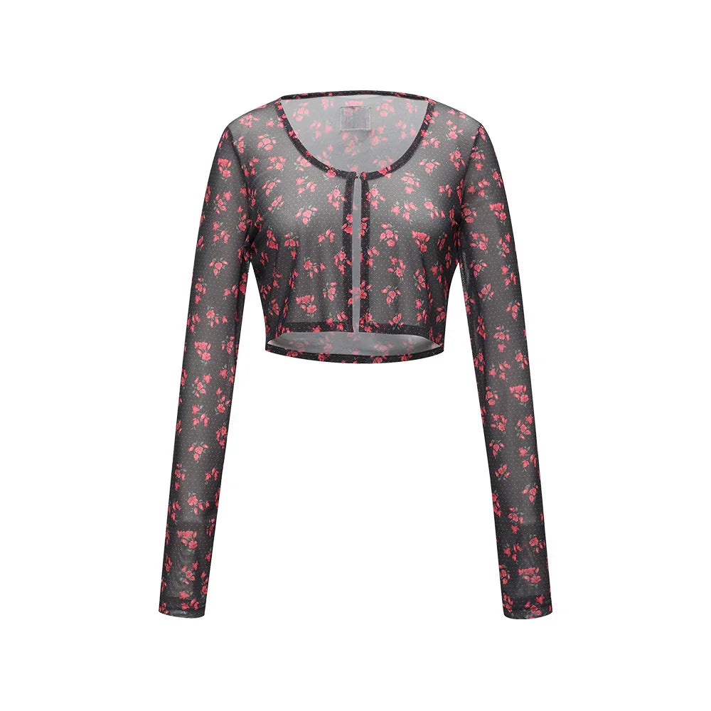 LOOPLOOP Mesh Cover Up Cardigan Rosy Dots Dark Grey