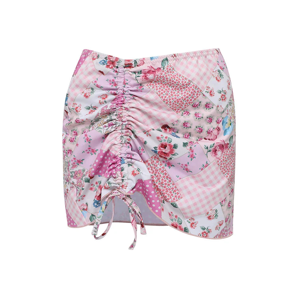 LOOPLOOP Shirring Cover Up Skirt Bohemian Patchwork Pink