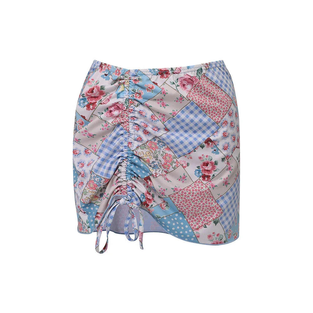 LOOPLOOP Shirring Cover Up Skirt Bohemian Patchwork Sky Blue