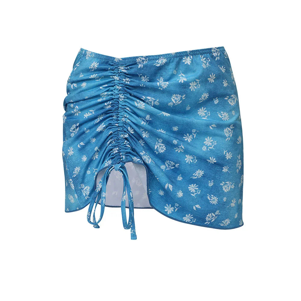 LOOPLOOP Shirring Cover Up Skirt Floral Denim Dress