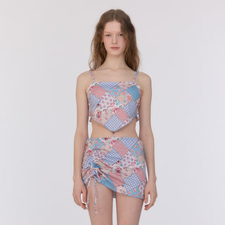 Scarf Smocked Bikini Top Bohemian Patchwork Sky Blue