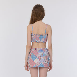 Scarf Smocked Bikini Top Bohemian Patchwork Sky Blue