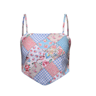 Scarf Smocked Bikini Top Bohemian Patchwork Sky Blue