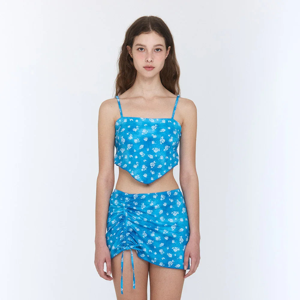 LOOPLOOP Scarf Smocked Bikini Top Floral Denim Dress-2