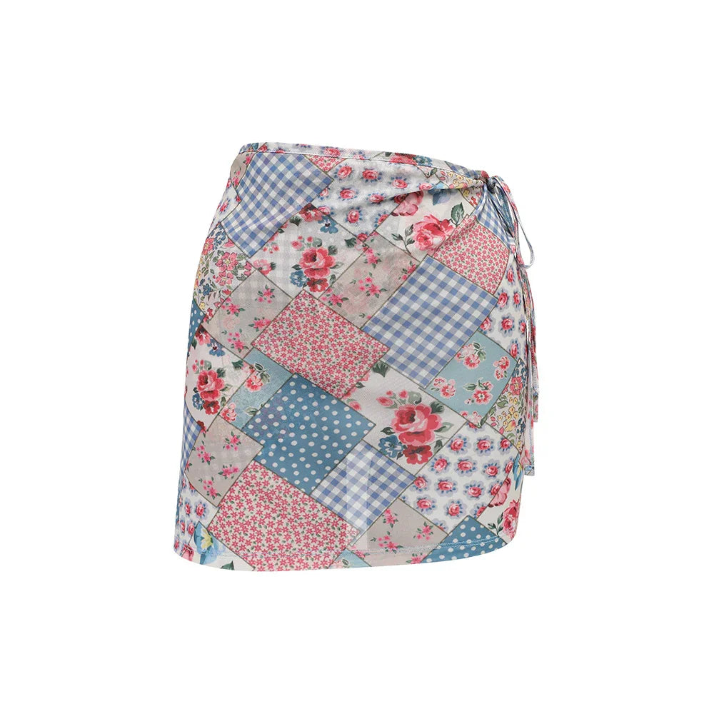 LOOPLOOP Mesh Cover Up Wrap Skirt Bohemian Patchwork Sky Blue