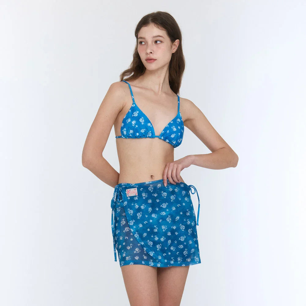 LOOPLOOP Mesh Cover Up Wrap Skirt Floral Denim Dress-2