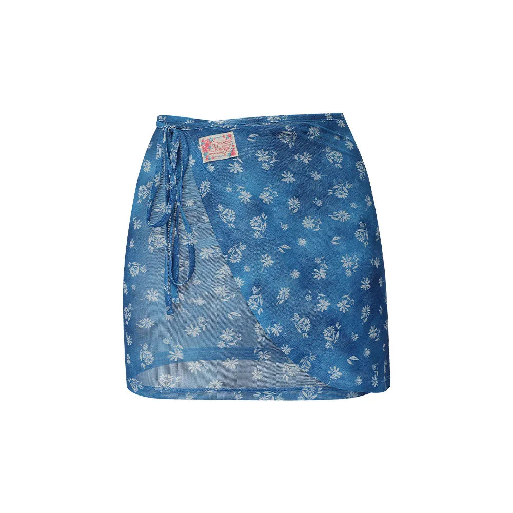 LOOPLOOP Mesh Cover Up Wrap Skirt Floral Denim Dress