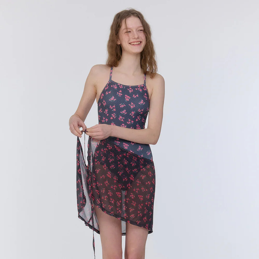 LOOPLOOP Mesh Cover Up Wrap Skirt Rosy Dots Dark Grey-3