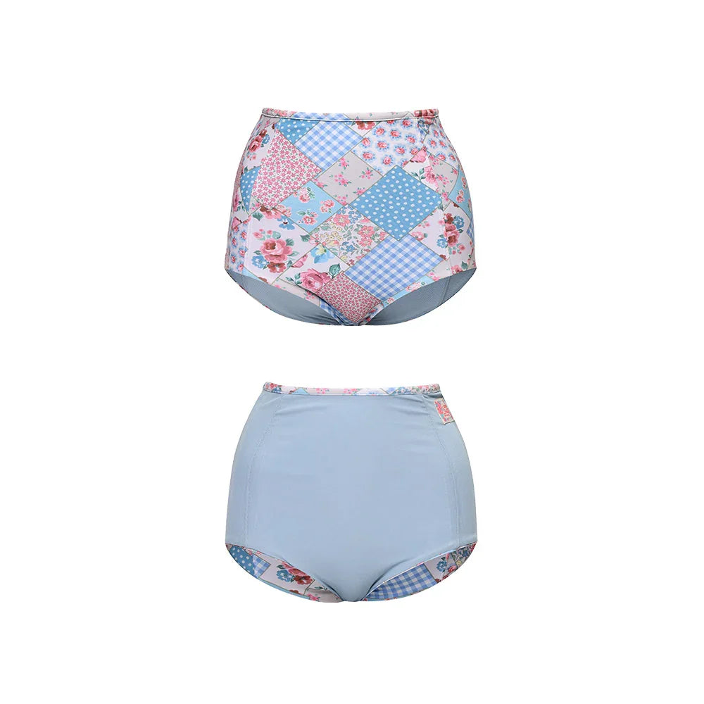 LOOPLOOP High Reversible Bikini Bottom Bohemian Patchwork Sky blue