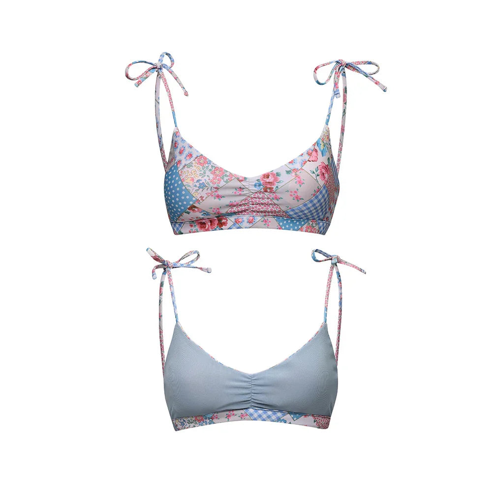 LOOPLOOP Shirring Reversible Bikini Top Bohemian Patchwork Sky blue