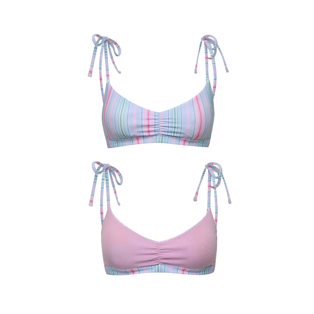 LOOPLOOP Shirring Reversible Bikini Top Milky Stripes Blue Cloud
