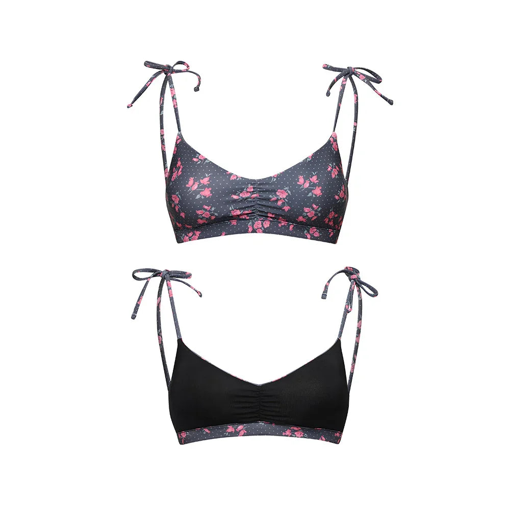 LOOPLOOP Shirring Reversible Bikini Top Rosy Dots Dark Grey