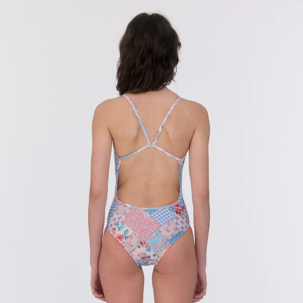 LOOPLOOP Bohemian Patchwork Sky Blue V-Back One Piece Swimsuit-2
