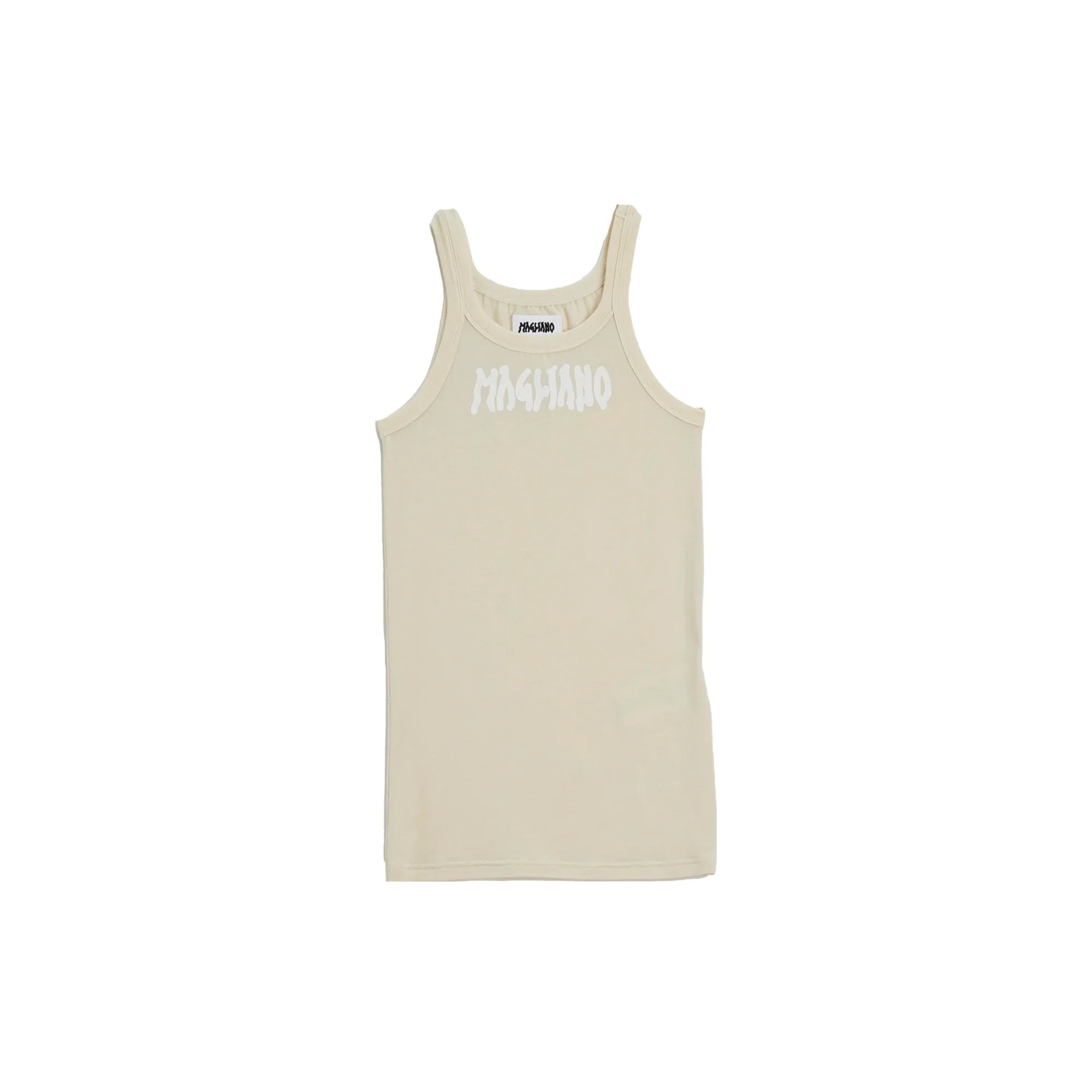 Beige sleeveless athletic tank top with white MAGLIANO logo on front