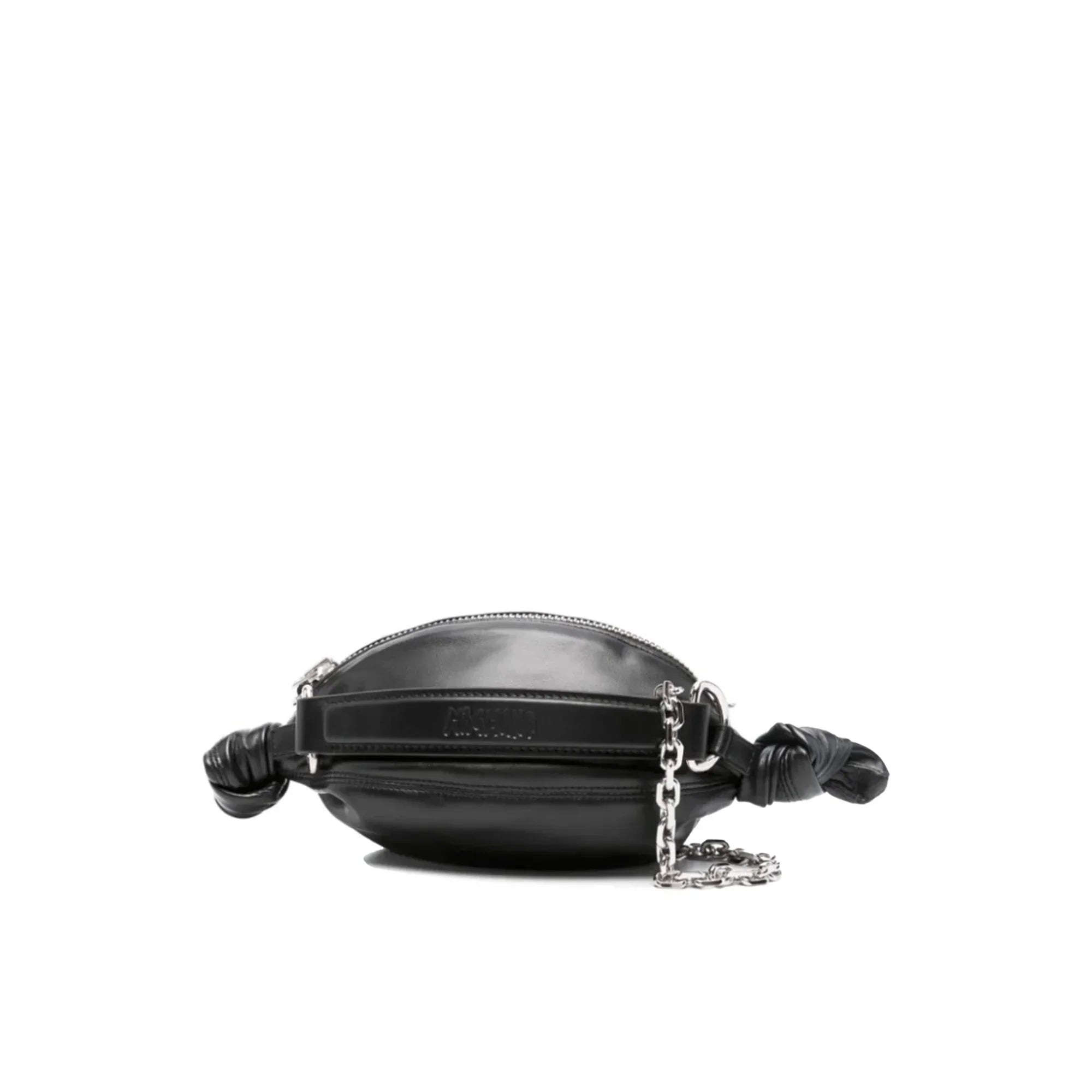 Black leather Magliano Candy Candy handbag with knotted sides and silver chain strap on white background