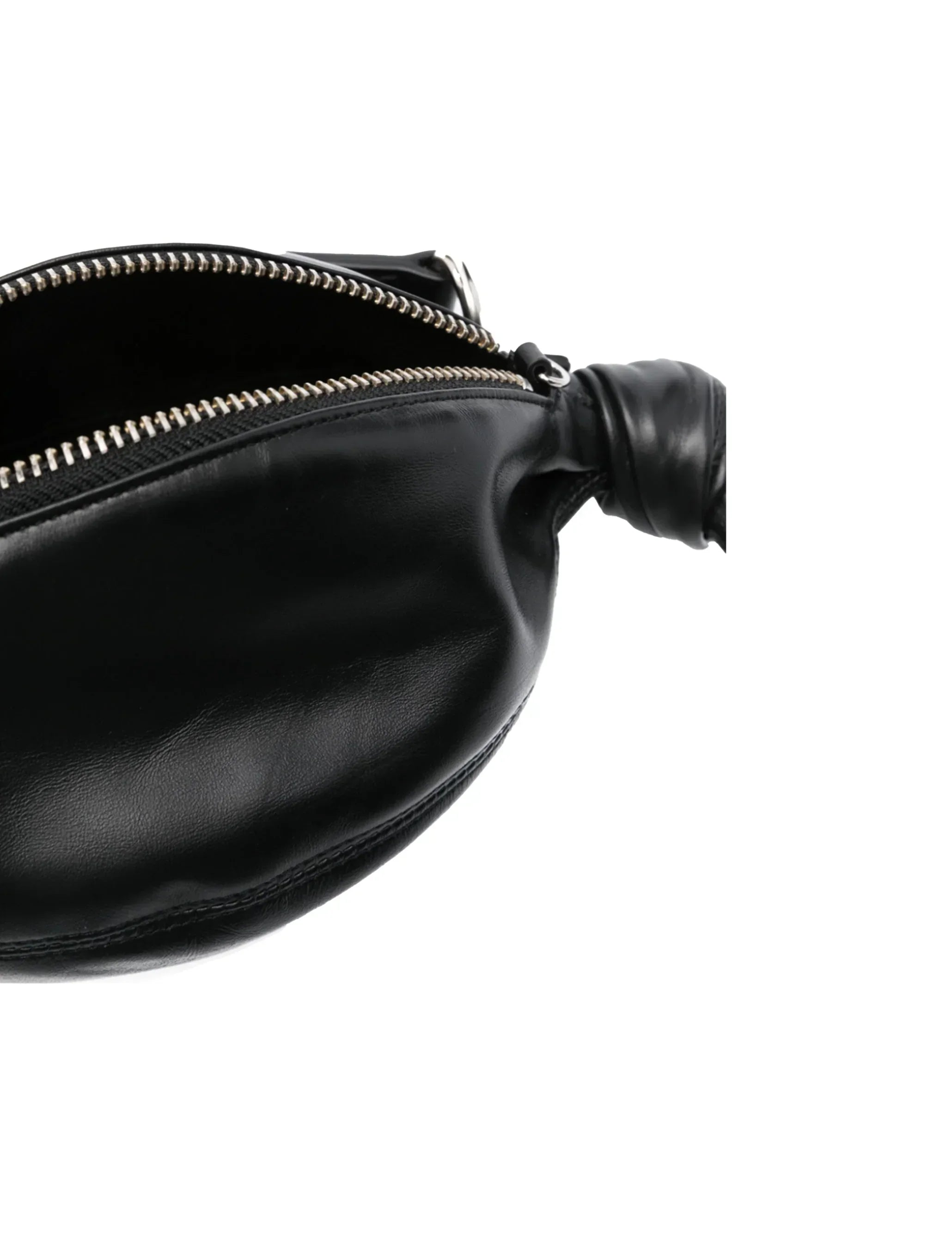 Black leather crossbody bag with silver zipper detail on white background