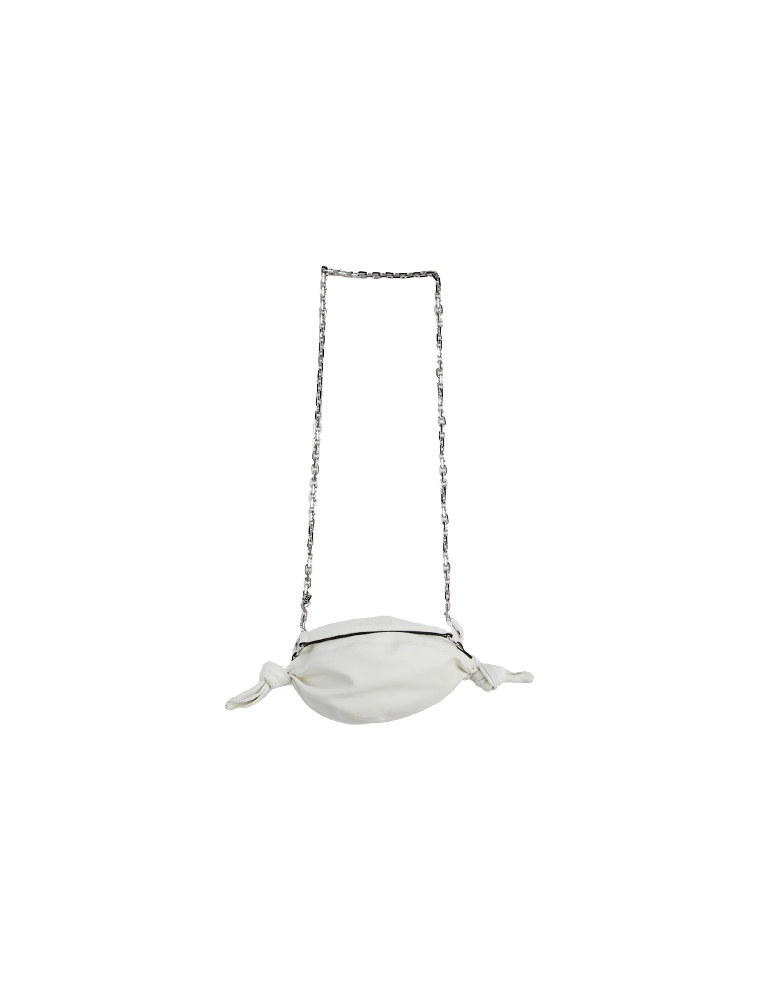 White leather crossbody bag with knotted sides and silver chain strap on white background