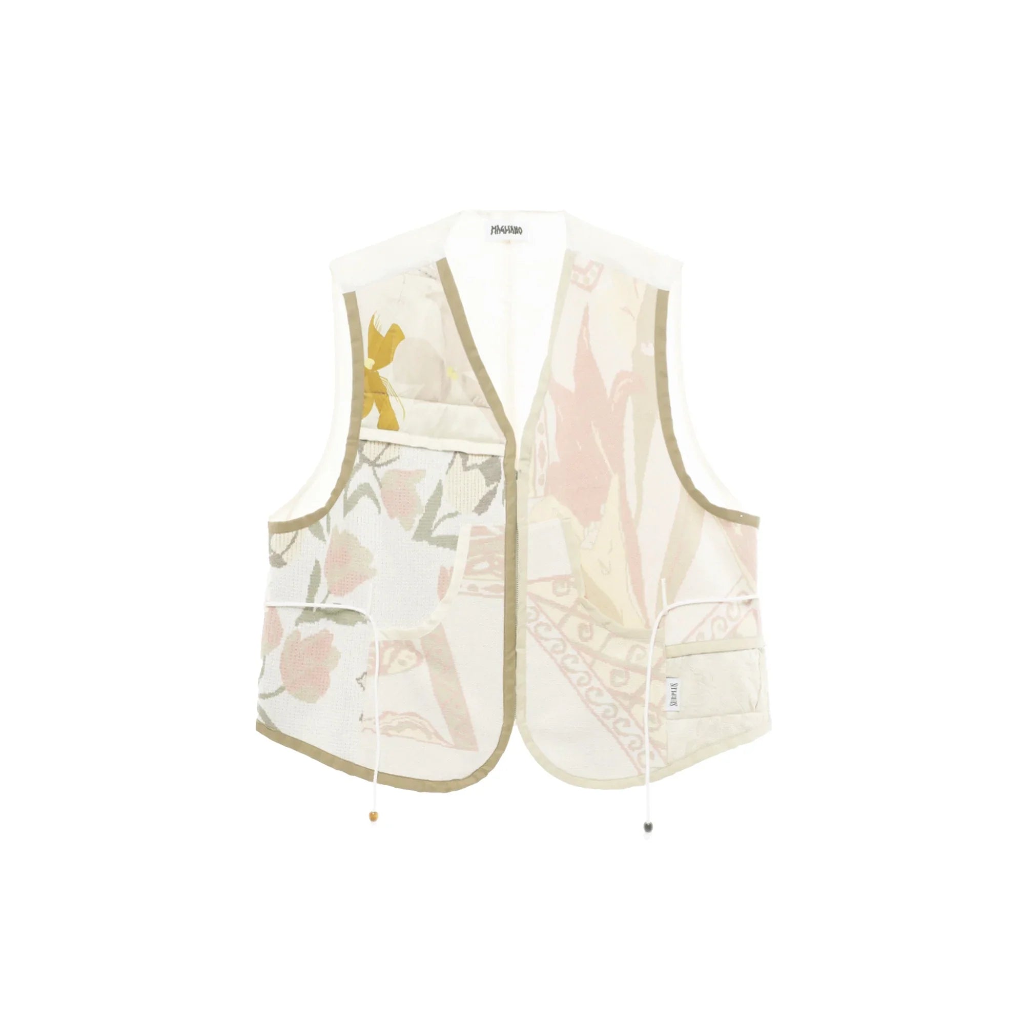 Lightweight sleeveless vest with beige trim and abstract floral patchwork design