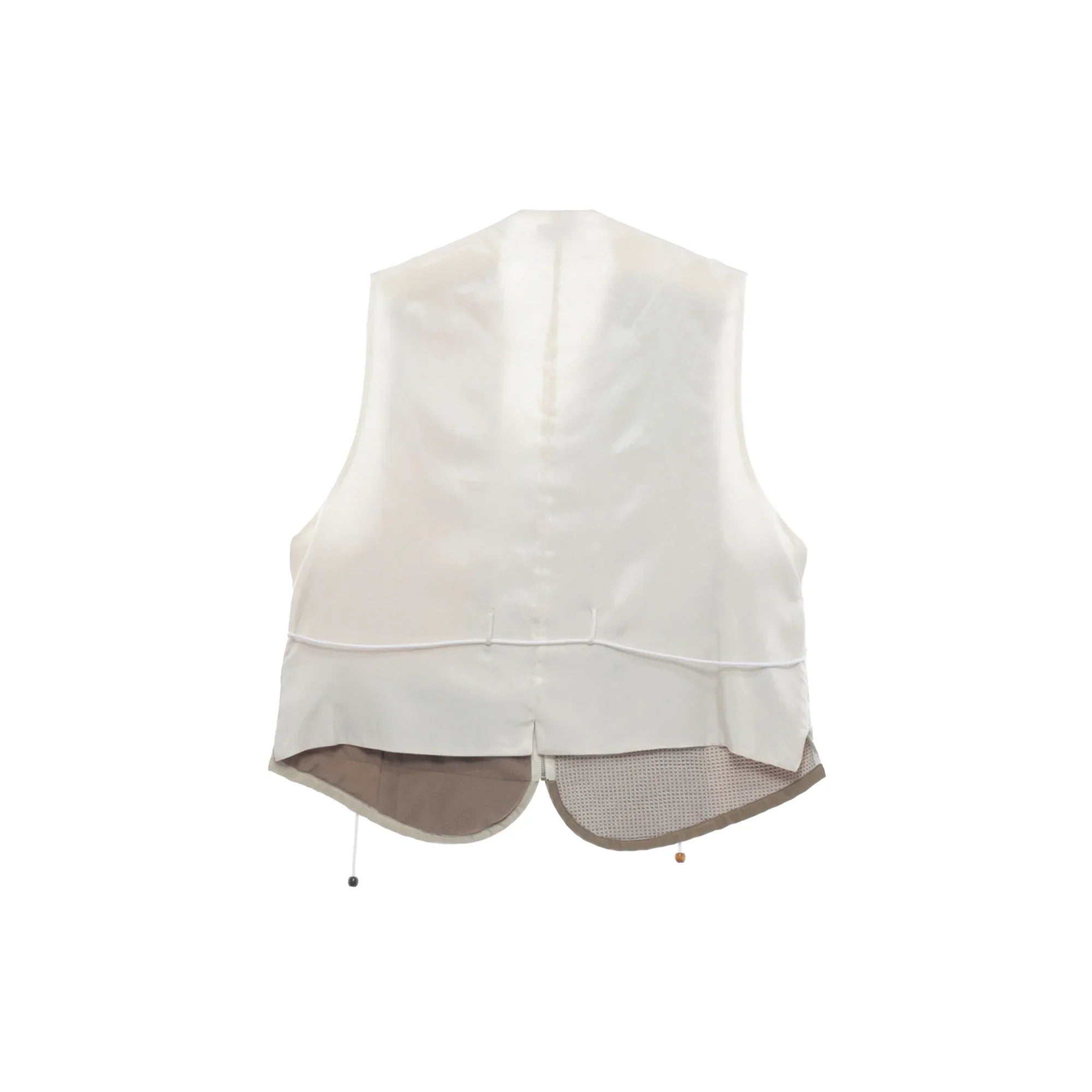 Back view of a white satin juggler vest with adjustable strap and beige lining