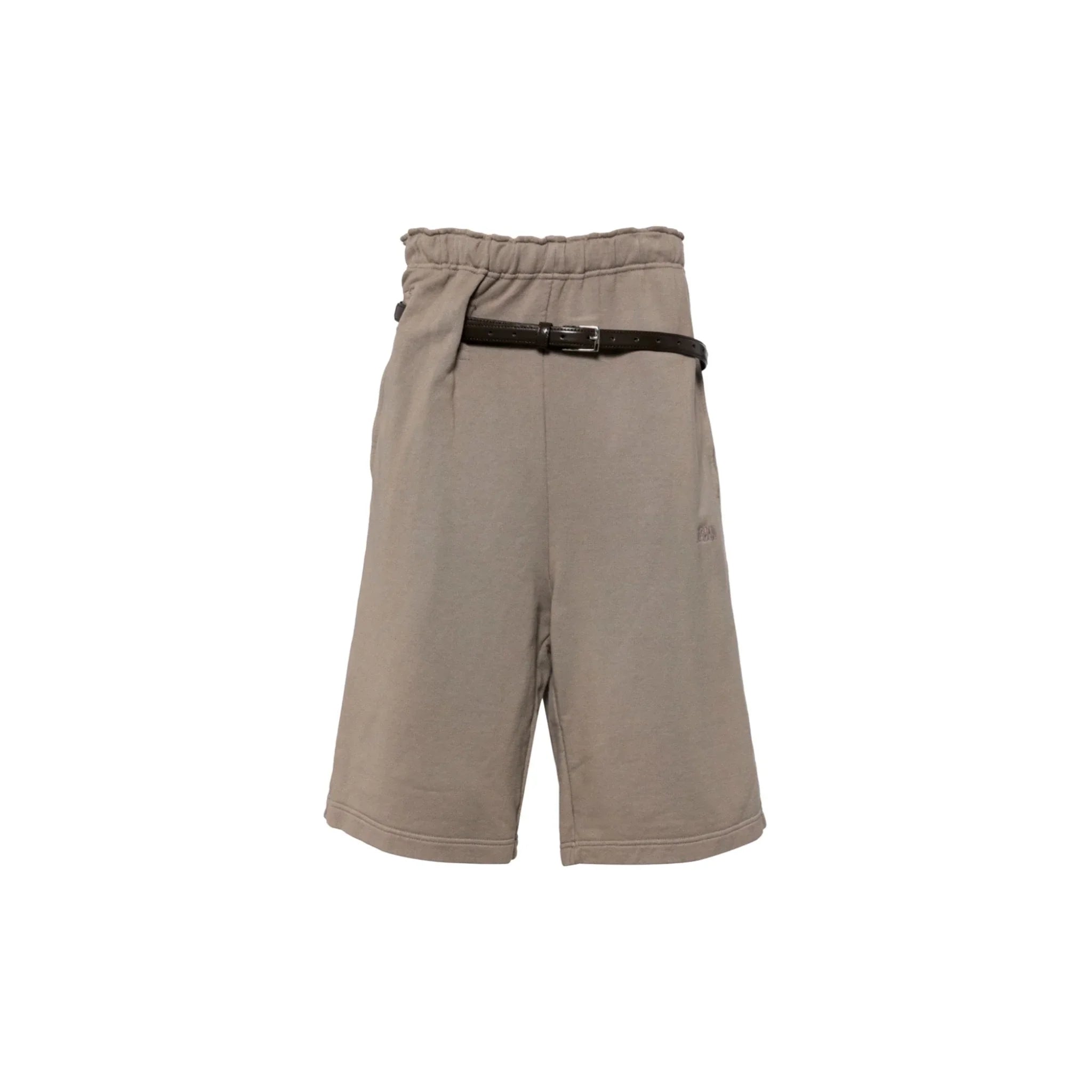 Beige Provincia athletic shorts with elastic waist and thin black belt on white background